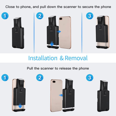 Lavoro del lettore di codici a barre di Bluetooth della clip della parte posteriore dell'analizzatore 1D del telefono con il telefono, lettore di codici a barre portatile